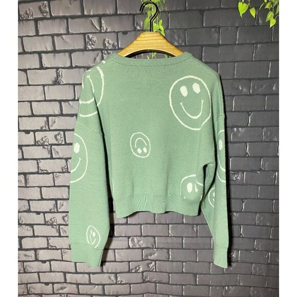 Altar'd State Seafoam Green Smiley Face Long Sleeved Crop Sweater M - Picture 3 of 4